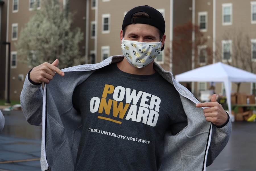 Student in branded PNW gear is pictured.