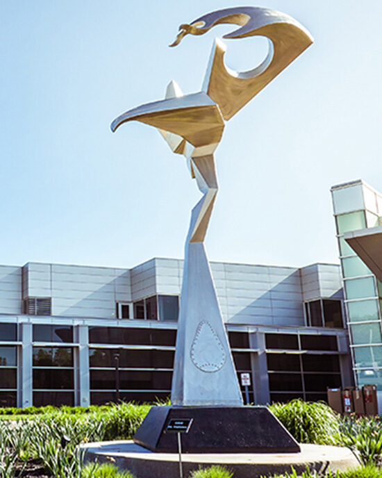 A sculpture in front of PNW's James B. Dworkin Student Services & Activities Complex
