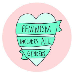 A heart with a ribbon draping over it three times. Ribbon reads "Feminism includes all genders"