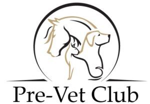 Logo: outlines of a cat, dog, and horse in black and gold with a circle around them. Text reads "Pre-Vet Club"