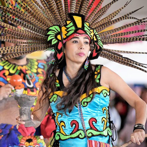 A dancer in Danzantes Aztecas performs at PNW's Hispanic Heritage Month