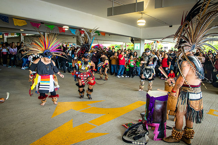 A dancer in Danzantes Aztecas performs at PNW's Hispanic Heritage Month