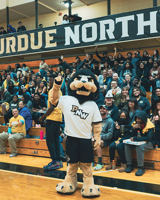 PNW's mascot, Leo the Lion, stands in front of a bleacher that is full of people. Leo is holding up a pointer finger.