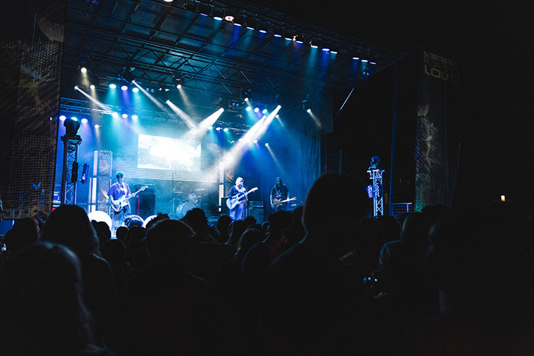 The stage is lit up by blue lights. Outlines of the crowds heads are present at the bottom third of the photo