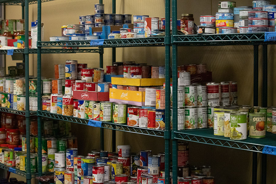 Fully stocked food pantry shelves