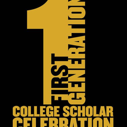 Logo: First Generation College Scholar Celebration. Gold logo on a black background