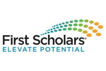 First Scholars logo. Text: First Scholars Elevate Potential with colored dots rising from the text in a wave.