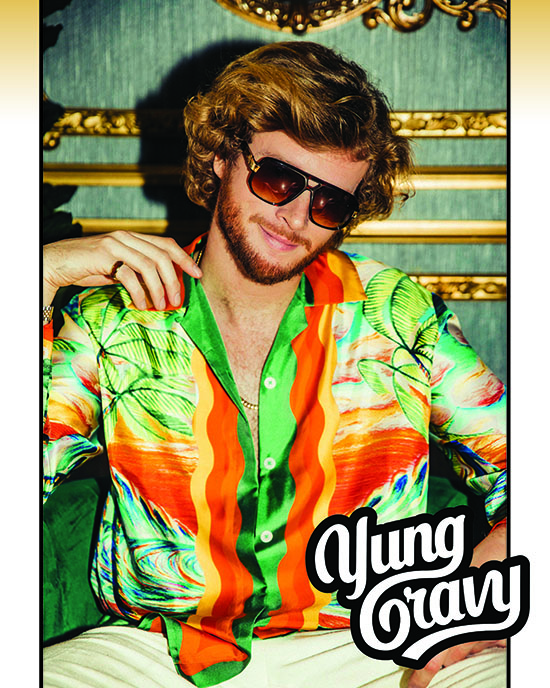 Yung Gravy sits in a silk tropical shirt and wears sunglasses. His logo is in the bottom right corner