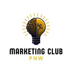 Marketing Club logo of light bulb split in half with the other half being a caricature of a brain. The words "Marketing Club PNW" read beneath.