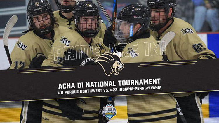 Photo of the PNW hockey team on the ice. Text on image reads: Pride are in! ACHA DI National Tournament, #11 Purdue Northwest vs. #22 Indiana-Pennsylvania.