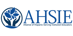 Logo: Alliance of Hispanic Serving Institution Educators. Logo shows a pair of hands lifting a sprouting plant.