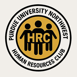 Logo: A circle with a white boarder that reads "Purdue University Northwest Human Resources Club". There is a smaller gold circle inside the larger one that shows three figure shapes that have the letters "HRC" written across them.