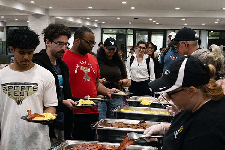 PNW students stand in line during the pancake study break.