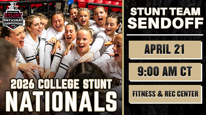 Photo of the Purdue Northwest Stunt team gathering hands for a cheer. Text: Stunt Team Sendoff, April 21, 9 a.m. CT, Fitness & Rec Center, with logo of 2026 College Stunt Association National Championship.