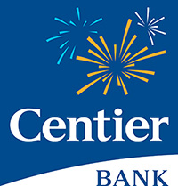 Logo: Centier Bank, with "Centier" on a blue band and illustrated fireworks bursting overhead.