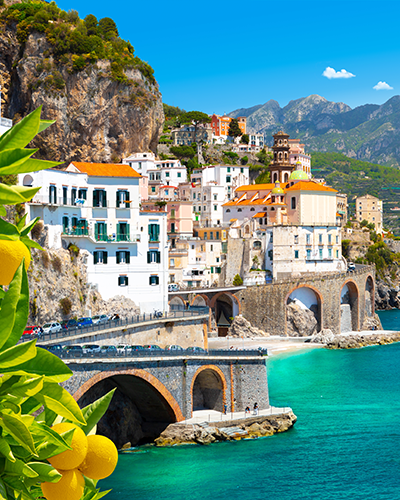 Morning view of Amalfi cityscape on coast line of mediterranean sea, Italy