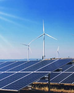 Solar panels and a wind farm