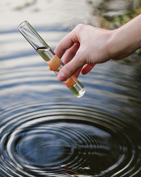 A person dips a test tube into a body of water.