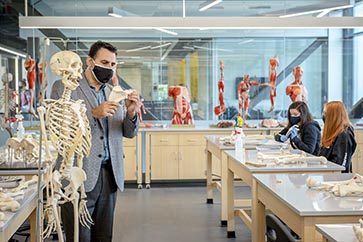 A professor offers an anatomy lesson for an integrative human health class. Photo copyright Laura Peters/CannonDesign.