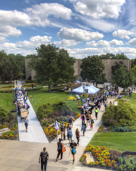 An aerial view of students walking across PNW's Westville campus