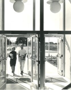 The first students walk into the Education Building (now Schwarz Hall), 1967
