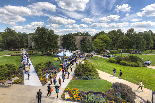 An aerial view of students crossing PNW's Westville campus.