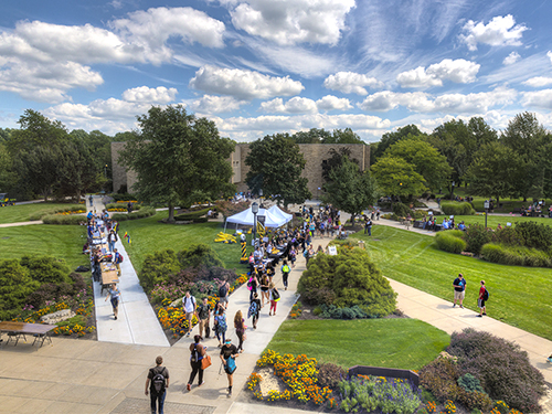 An aerial view of students walking across PNW's Westville campus