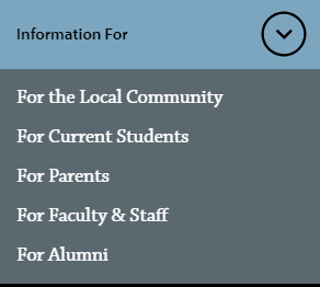 The "Information For" pop-up on pnw.edu. Text: Information for: the local community, current students, parents, faculty and staff, alumni.