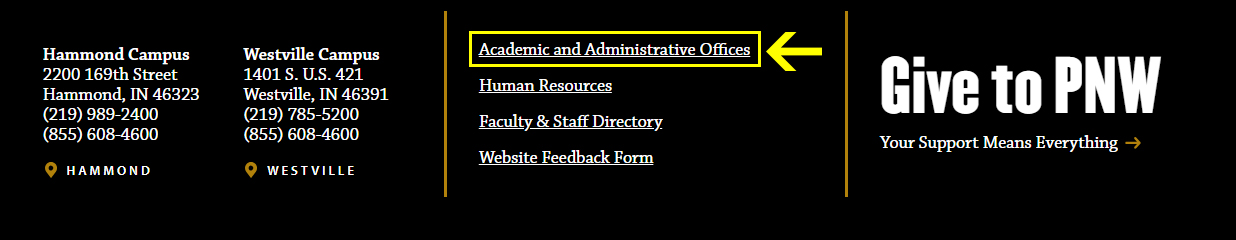 A snapshot of the footer of PNW's current site, with Academic and Administrative Offices highlighted.