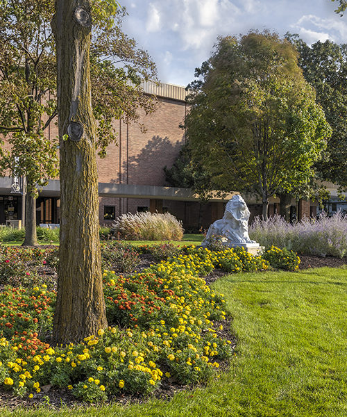 A lion sculpture in front of the LSF building