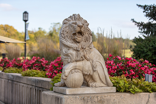 A lion sculpture on PNW's Westville campus