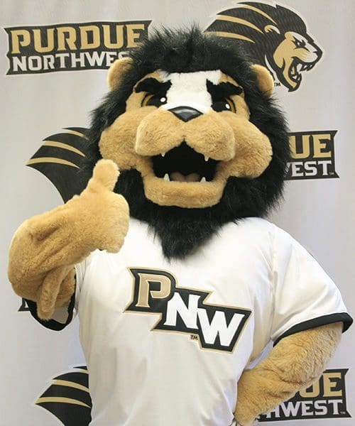 PNW Mascot Leo gives a thumbs up.