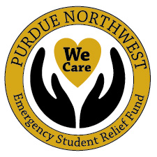 A seal featuring hands gripping a heart and the text, "Purdue Northwest. We care. Emergency student relief fund"