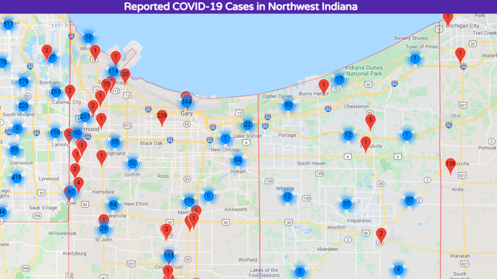 Screenshot of COVID-19 website. Text: Reported COVID-19 Cases in Northwest Indiana