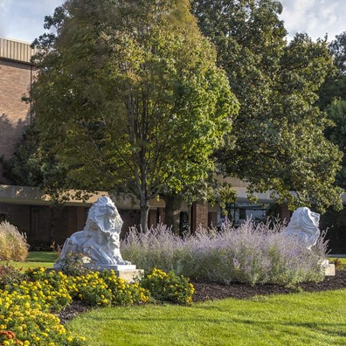 Lion sculptures on PNW's Hammond Campus