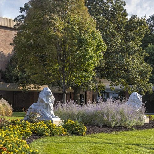 Lion sculptures on PNW's Hammond Campus