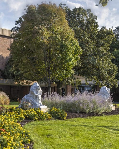 Lion sculptures on PNW's Hammond Campus