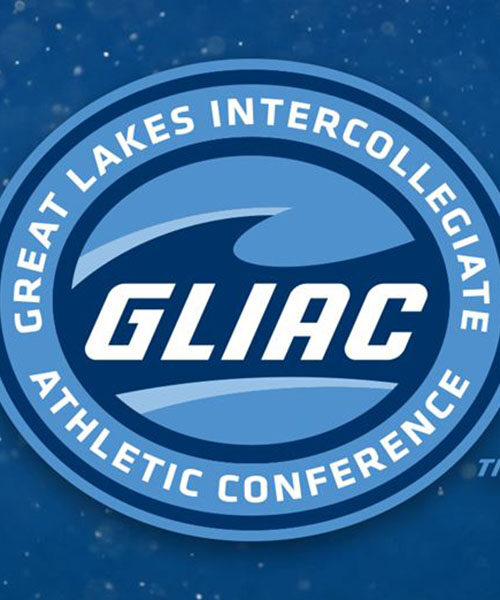 Logo for the Great Lakes Intercollegiate Athletic Conference, featuring that text and GLIAC on a blue wave.