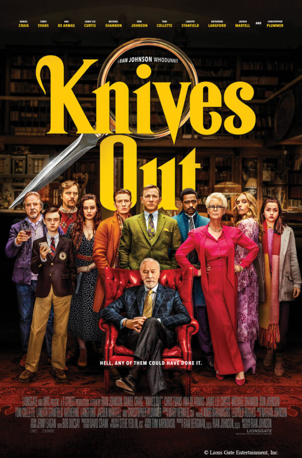 Image of film poster for the movie, Knives Out.