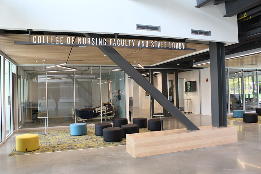 A lobby space in the Nils K Nelson Bioscience Innovation Building