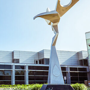 A sculpture in front of PNW's Dworkin Student Support and Activities Complex.