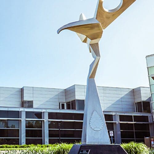 A sculpture in front of PNW's Dworkin Student Support and Activities Complex.