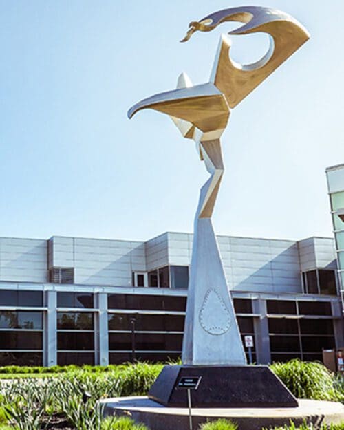 A sculpture in front of PNW's Dworkin Student Support and Activities Complex.