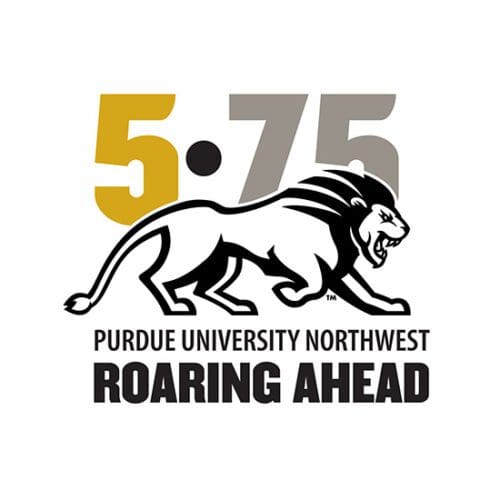 A logo showing 5 * 75 Purdue University Northwest Roaring Ahead around an illustration of a running lion