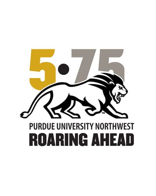 A logo showing 5 * 75 Purdue University Northwest Roaring Ahead around an illustration of a running lion