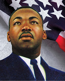 An illustration of Martin Luther King Jr. in front of an American flag