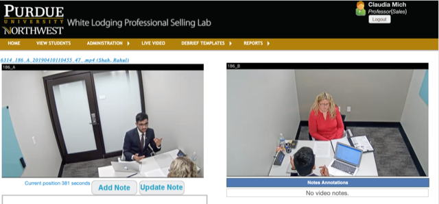 Screenshots of students undergoing a sales exercise in PNW's White Lodging Professional Selling Lab.