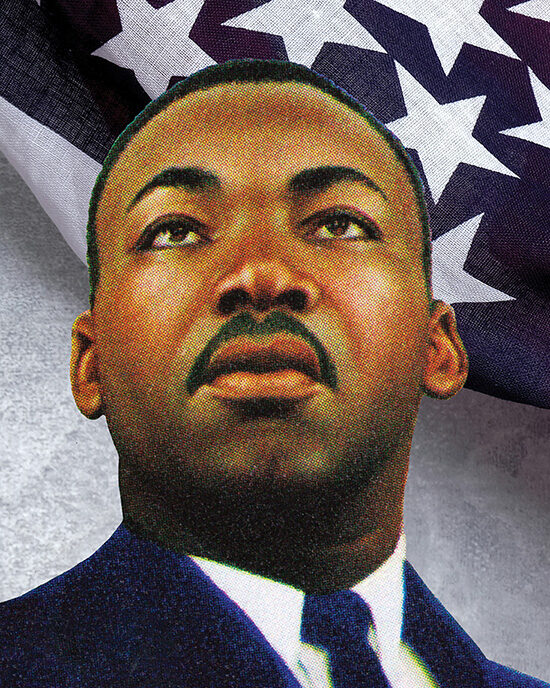 An illustration of Martin Luther King, Jr. in front of an American flag