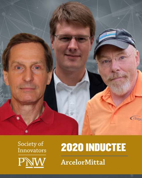 Three ArcelorMittal employers stand together above text reading "Society of Innovators at PNW 2020 Inductee"