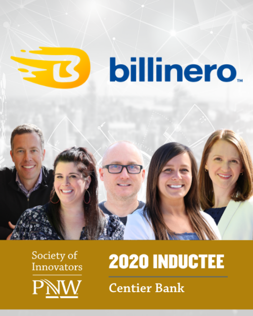A group of Centier Bank employees beneath a logo for Billinero. They are 2020 Inductees for PNW's Society of Innovators.